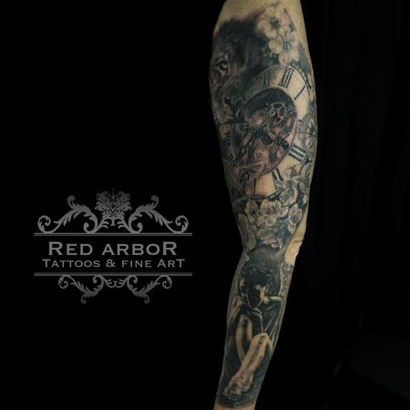 Tattoos - Lion Liamb Angel Clock Tattoo - 130082